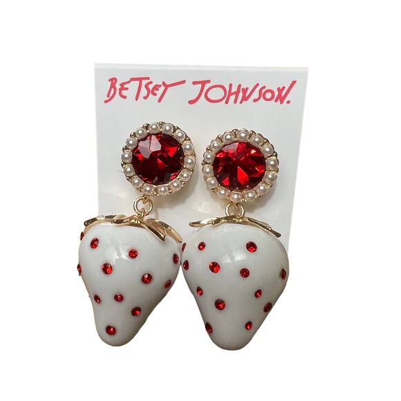 Betsey Johnson White Strawberry Drop Earrings Red Crystal & Faux Pearl - Picture 1 of 2